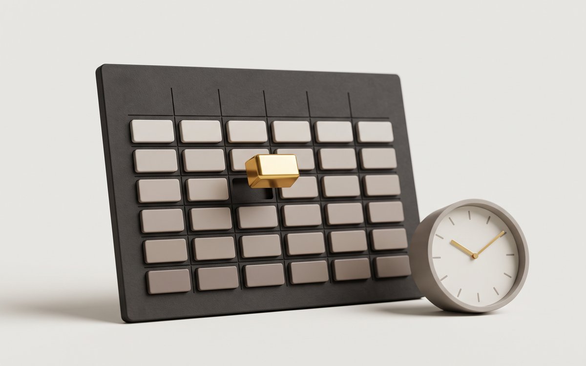 Tablero de horario escolar minimalista con un bloque dorado encajando en un espacio libre